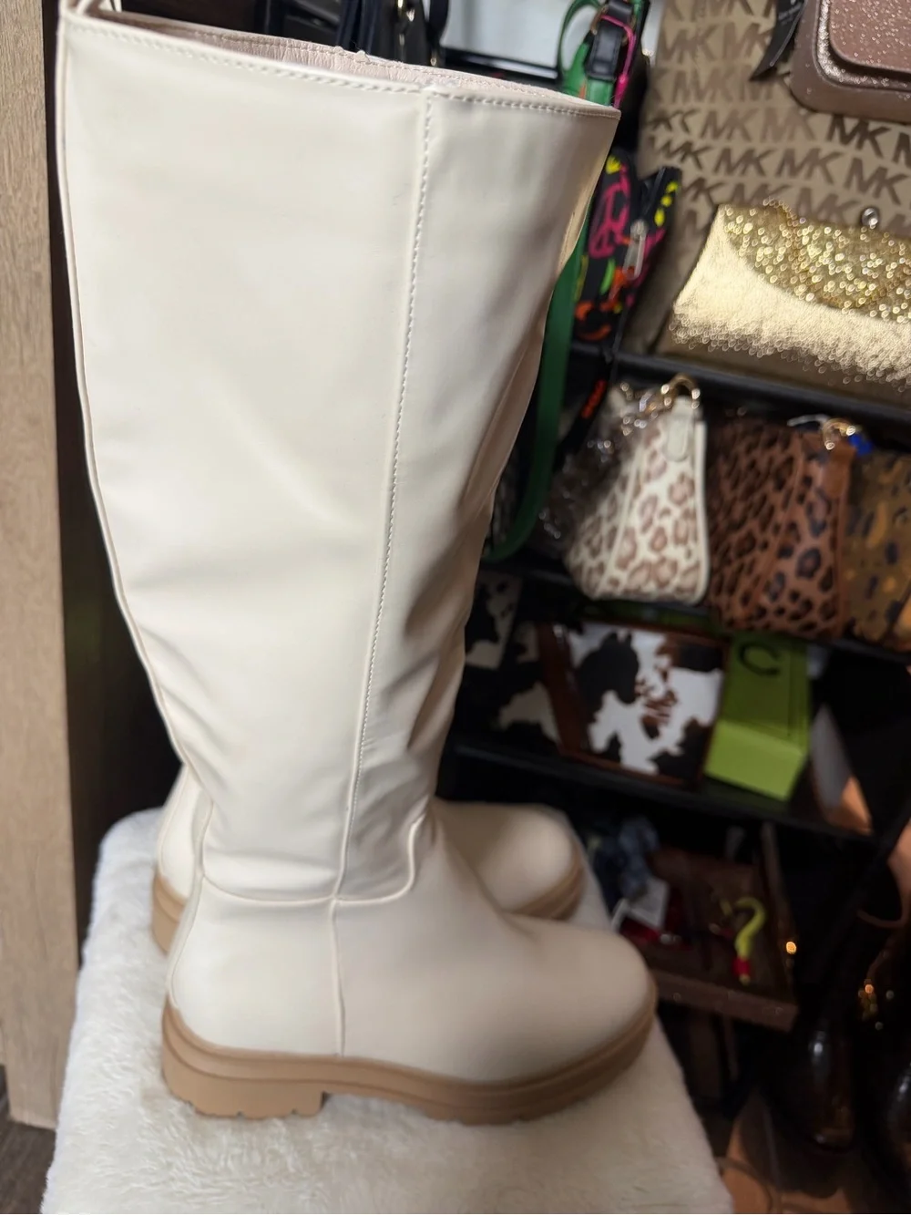 Women's Cream Color Block Herl Boots with Side Zip